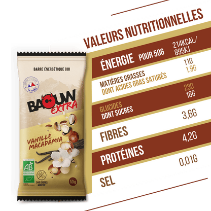 Barre Énergétique BAOUW BIO EXTRA Vanille-Macadamia (50g)