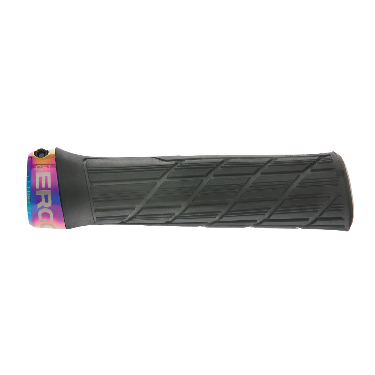 ERGON GE1 EVO Factory Slim håndtag i sort Stealth Frozen med Oil Slick-låseringe – detalje