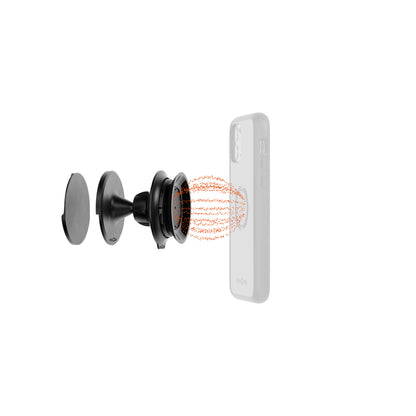 Čierny nástenný držiak FIDLOCK VACUUM — znázornenie magnetického navádzania