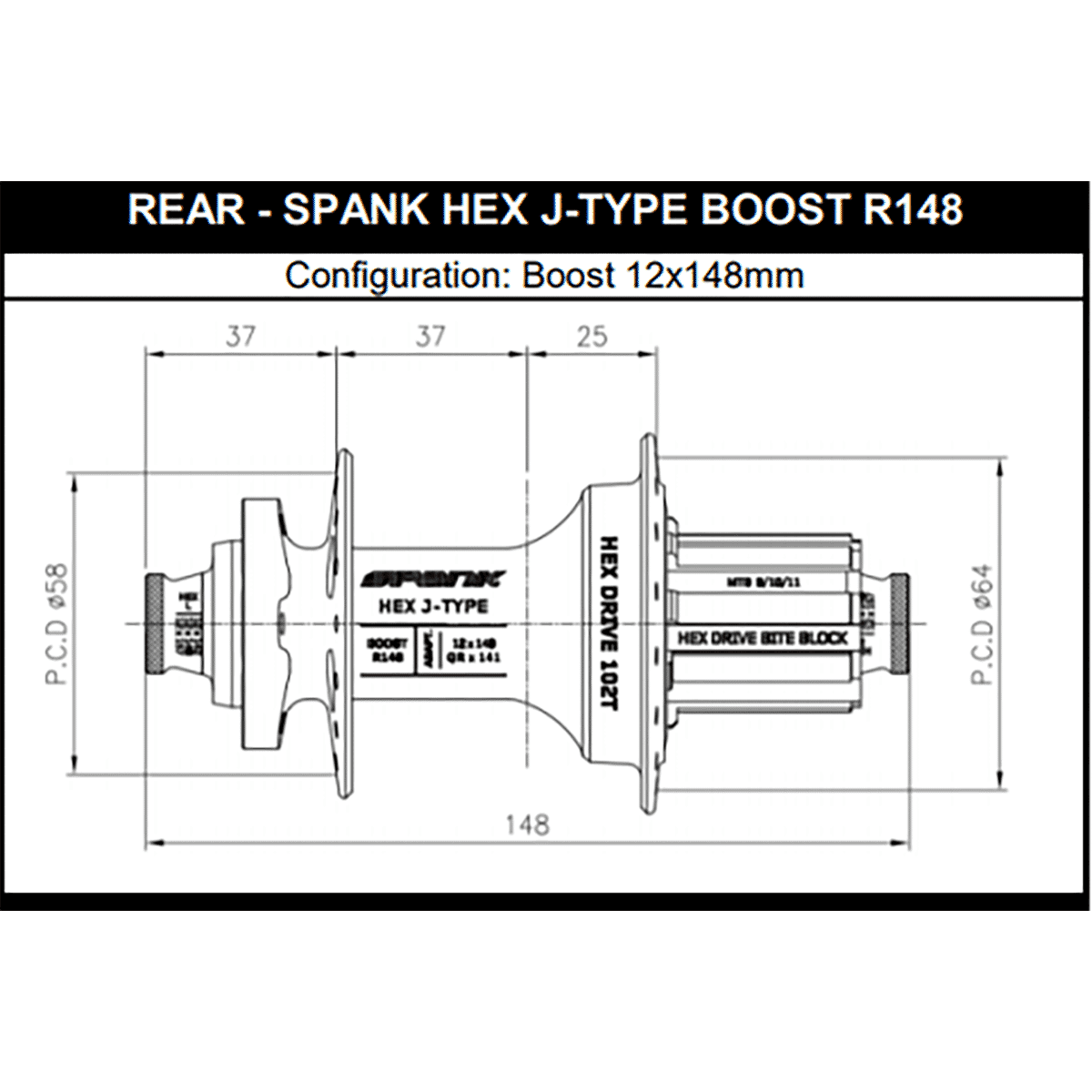 Tylna piasta SPANK HEX DRIVE 102T 12x148 mm Boost