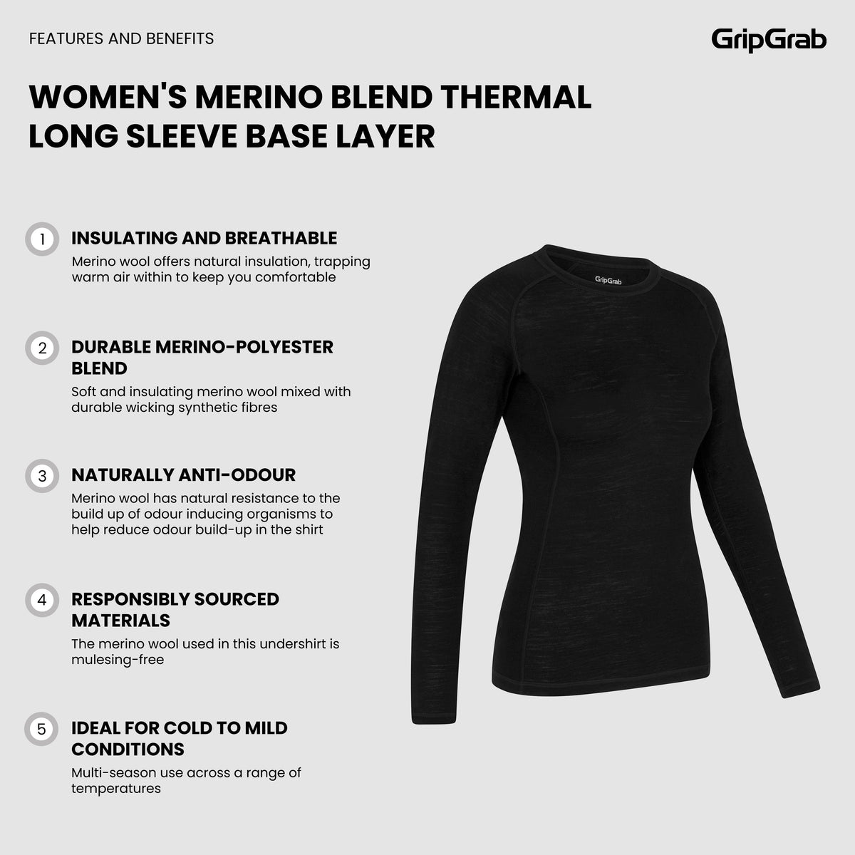 GRIPGRAB MERINO BLEND THERMAL langærmet svedundertrøje til kvinder i sort