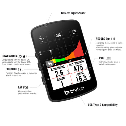 BRYTON RIDER 650 E -GPS-pyörätietokone — painikkeiden ja liitäntöjen esittely