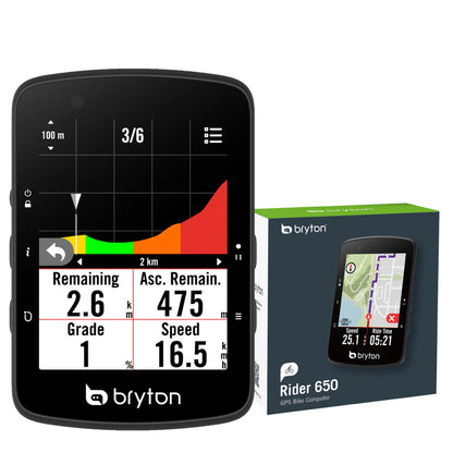 BRYTON RIDER 650 E -GPS-pyörätietokone — laite ja E-version pakkaus