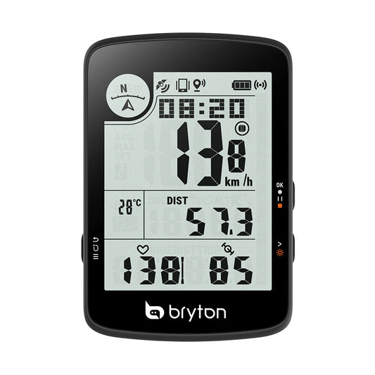 BRYTON RIDER 17E GPS bike computer — front view, ride data screen