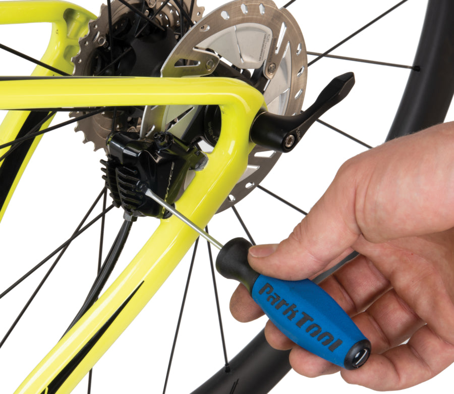 Park Tool SD-3 flat-head screwdriver on a hydraulic brake calliper