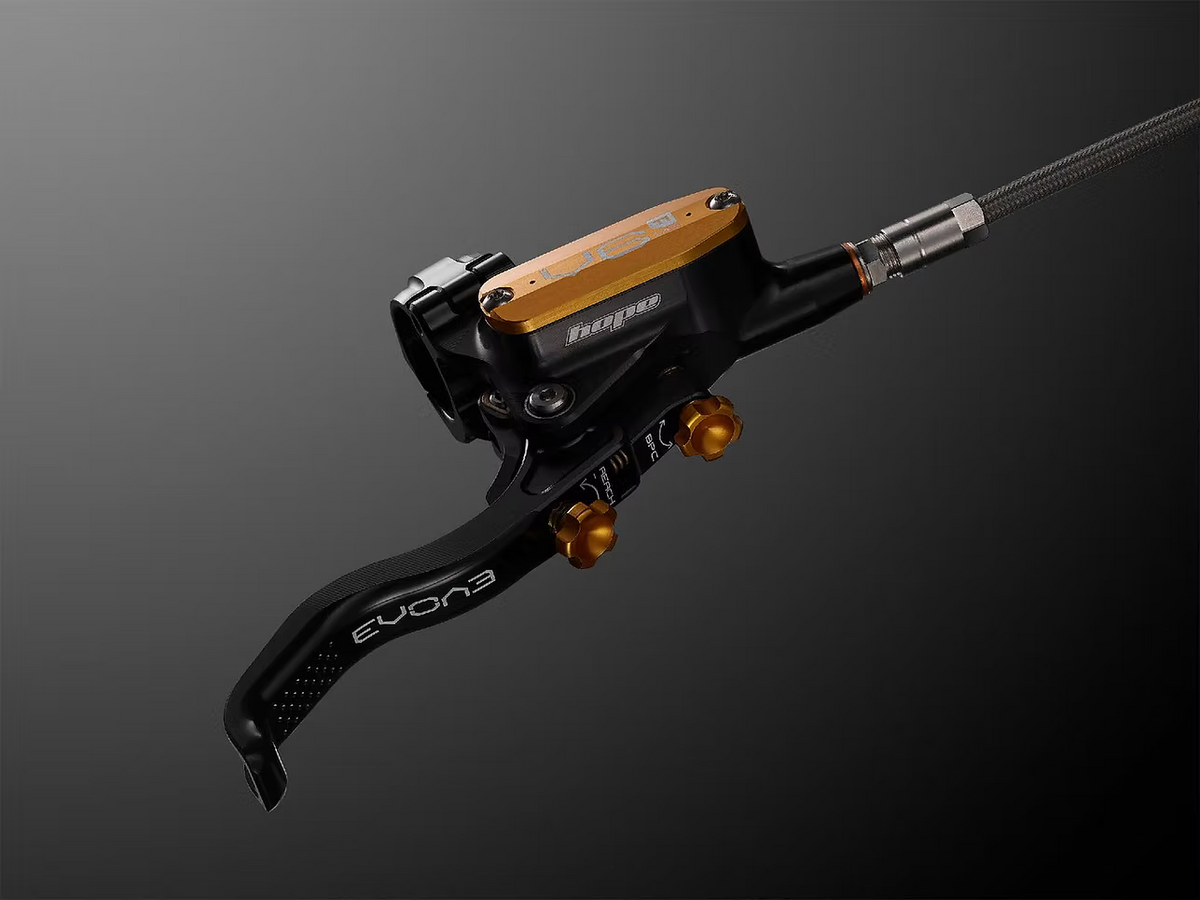 Pair of HOPE TECH 4 EVO V6Ti Brakes with Black Hoses – Black/Gold Limited Edition
