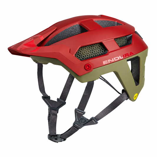 ENDURA SINGLETRACK MIPS red/green MTB helmet — product view on a white background