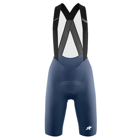 ASSOS DYORA R S11 women's blue bib shorts — white background, 2000 x 2000
