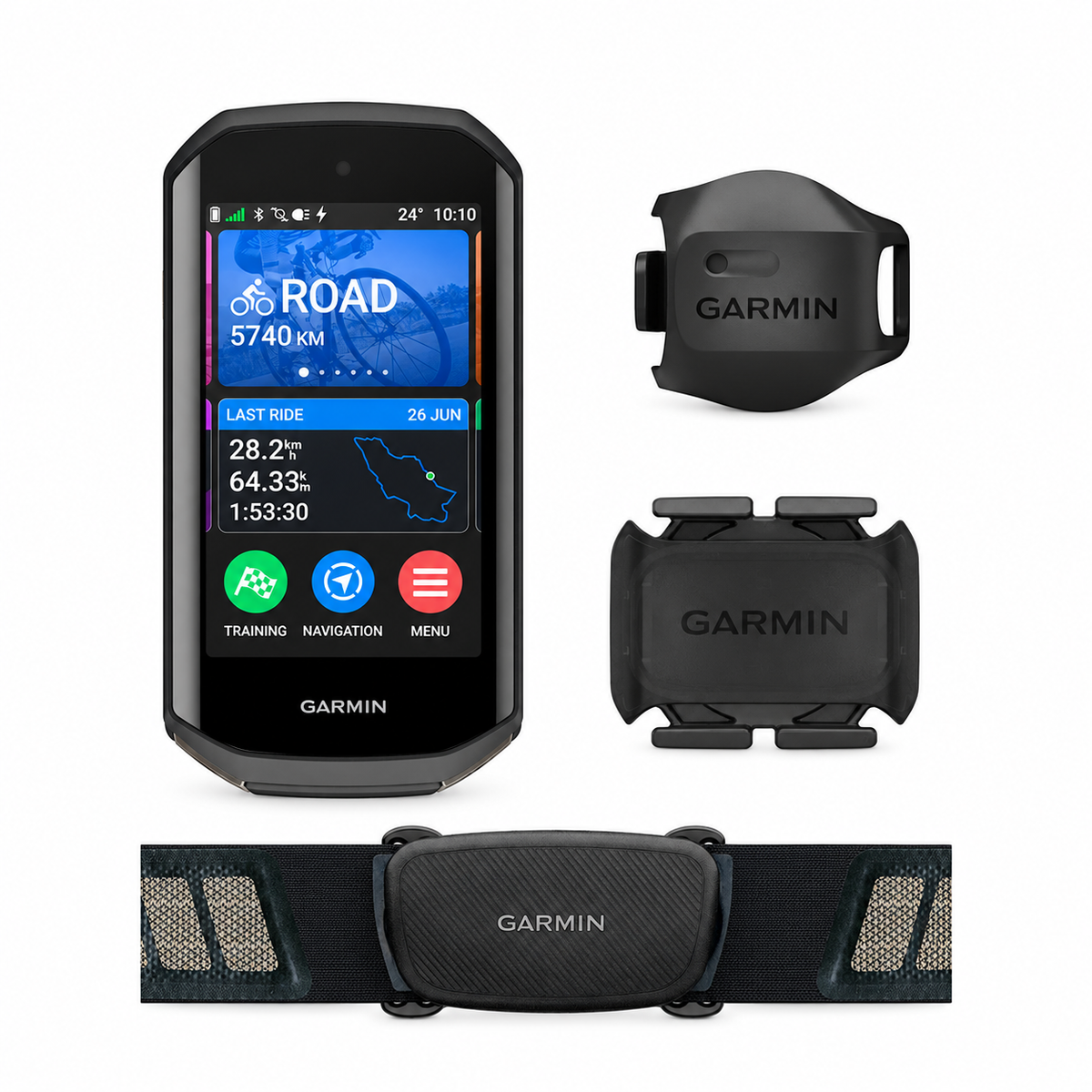 Licznik rowerowy GPS GARMIN EDGE 1050 BUNDLE — zestaw i jego akcesoria na białym tle