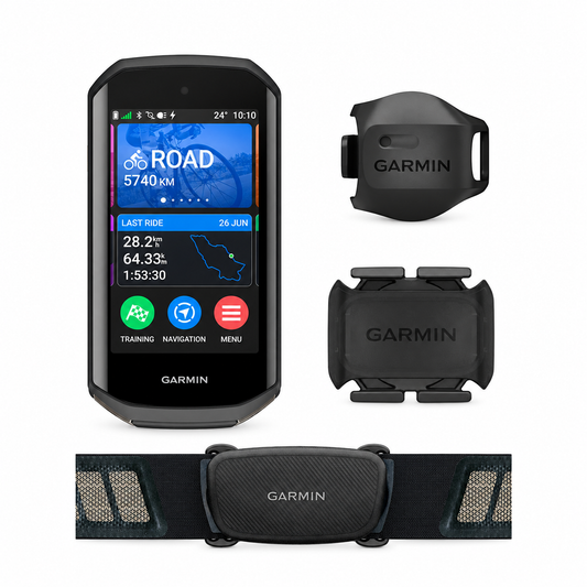 GARMIN EDGE 1050 BUNDLE GPS-cykelcomputer — pakken og dens tilbehør vist på hvid baggrund