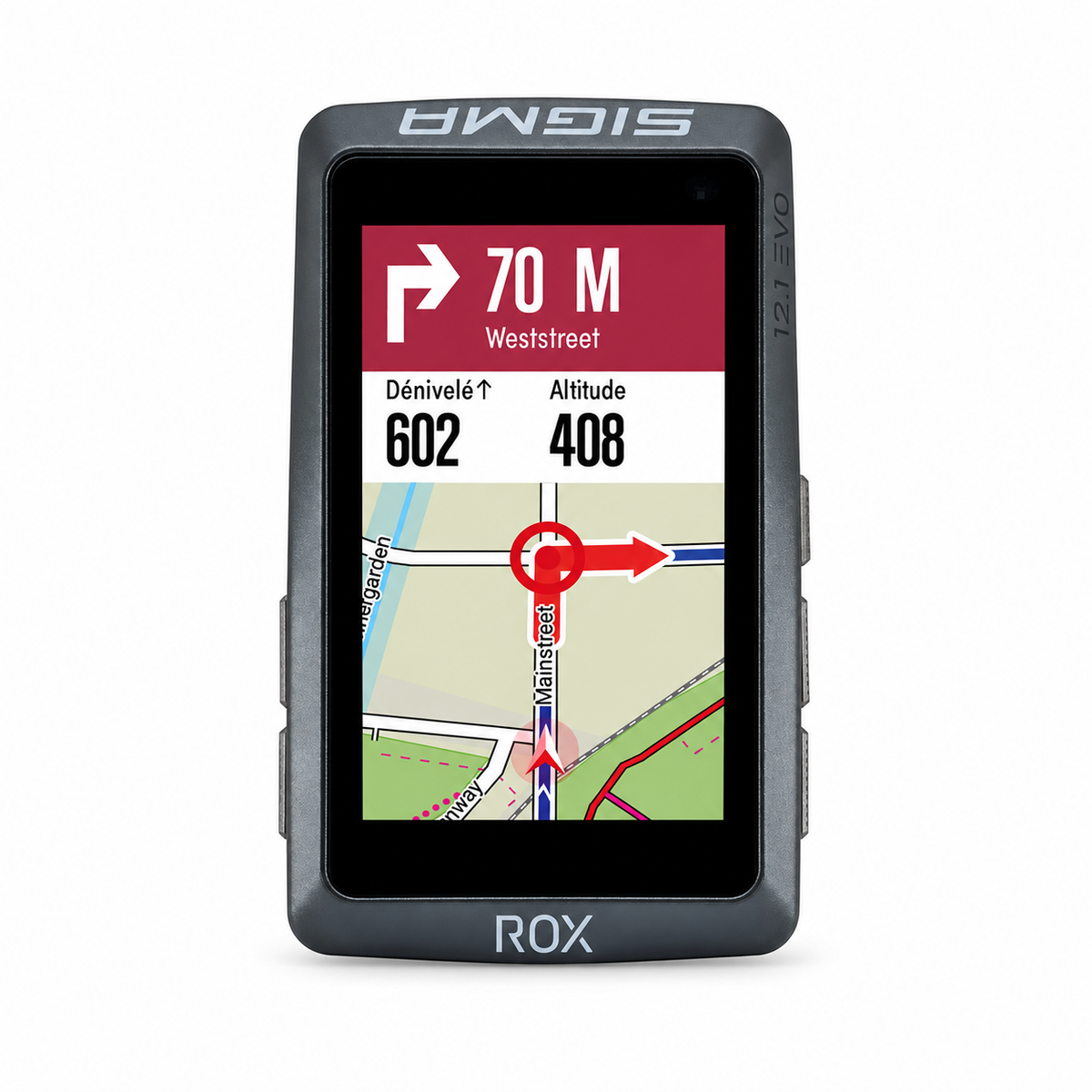 GPS-cykeldator SIGMA ROX 12.1 EVO Basic, svart — framifrån mot vit bakgrund