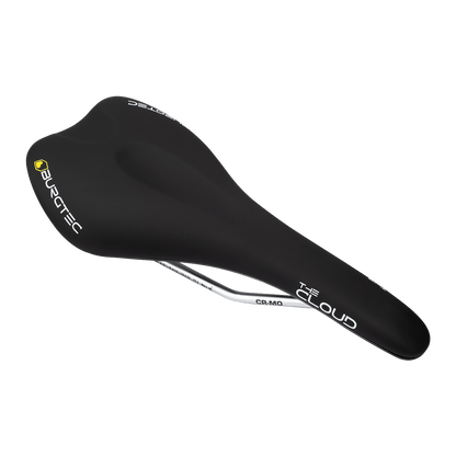 Black BURGTEC THE CLOUD MK2 saddle with Cro-Mo rails — three-quarter view