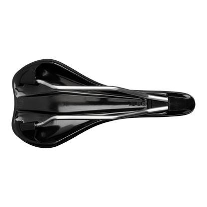 Black BURGTEC THE CLOUD MK2 saddle with Cro-Mo rails — underside view showing the Cro-Mo rails