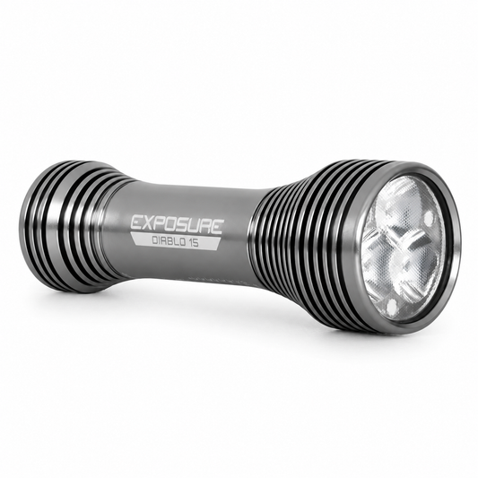 EXPOSURE LIGHTS DIABLO 15 voorlicht met helmhouder — product op witte achtergrond