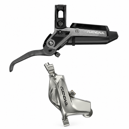 SRAM CODE ULTIMATE STEALTH-broms med metalliska bromsbelägg — bromshandtag och bromsok mot vit bakgrund