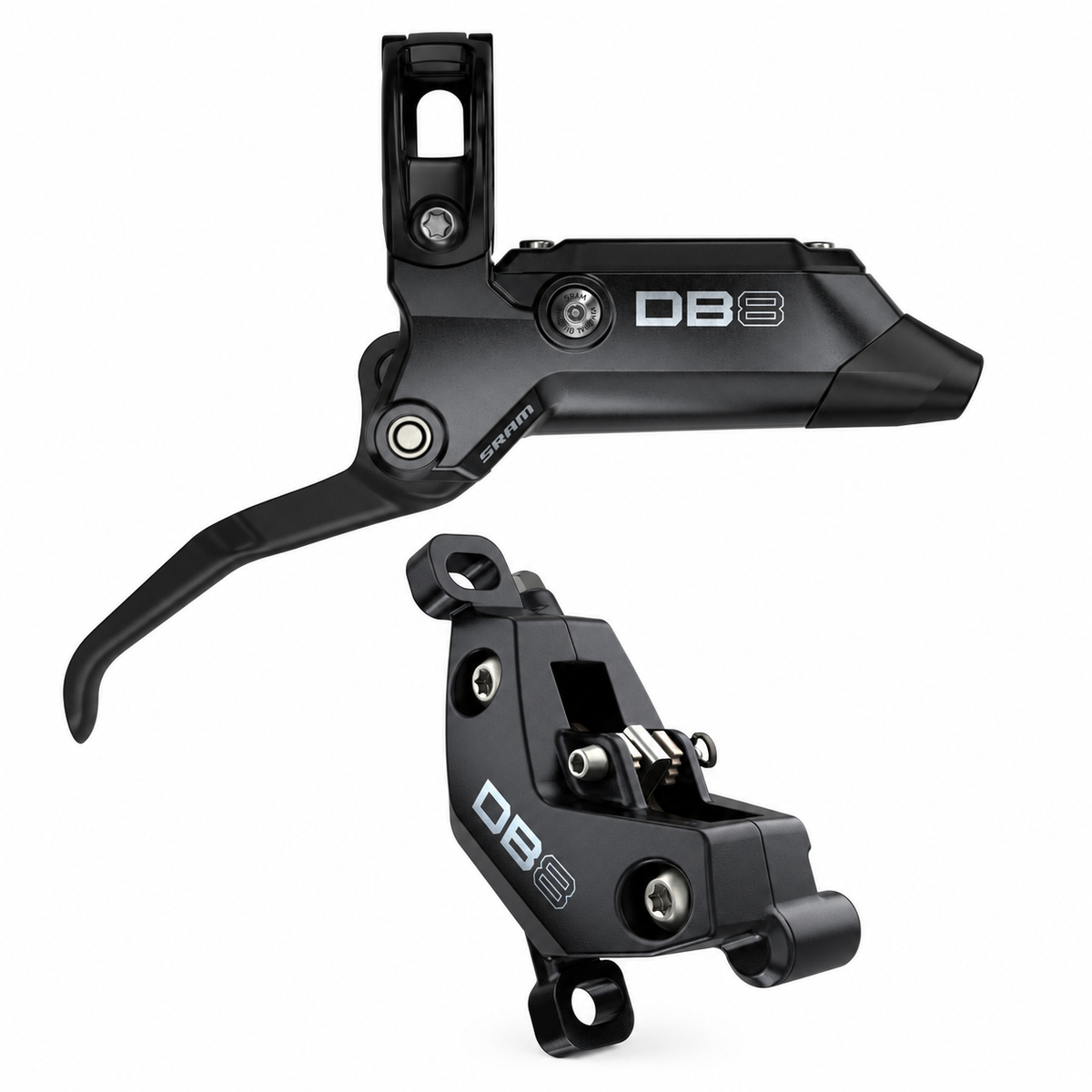 Zadní brzda SRAM DB8 Stealth — páka a třmen na bílém pozadí
