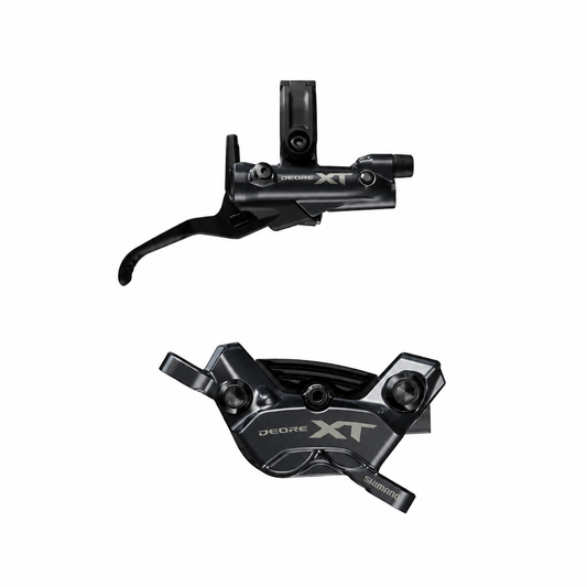 SHIMANO XT M8220 Enduro-bremse med 4 stempler — bremsegreb og kaliber på hvid baggrund