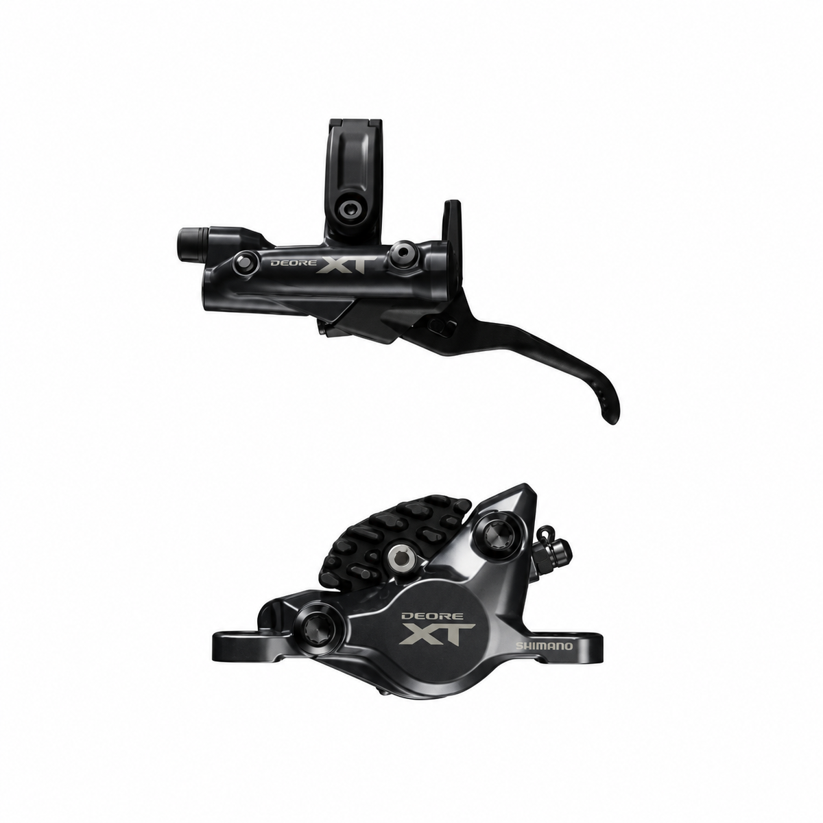SHIMANO XT M8200 XC-bremse med 2 stempler — bremsegreb og kaliber på hvid baggrund