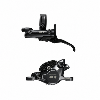 SHIMANO XT M8200 XC-bremse med 2 stempler — bremsegreb og kaliber på hvid baggrund