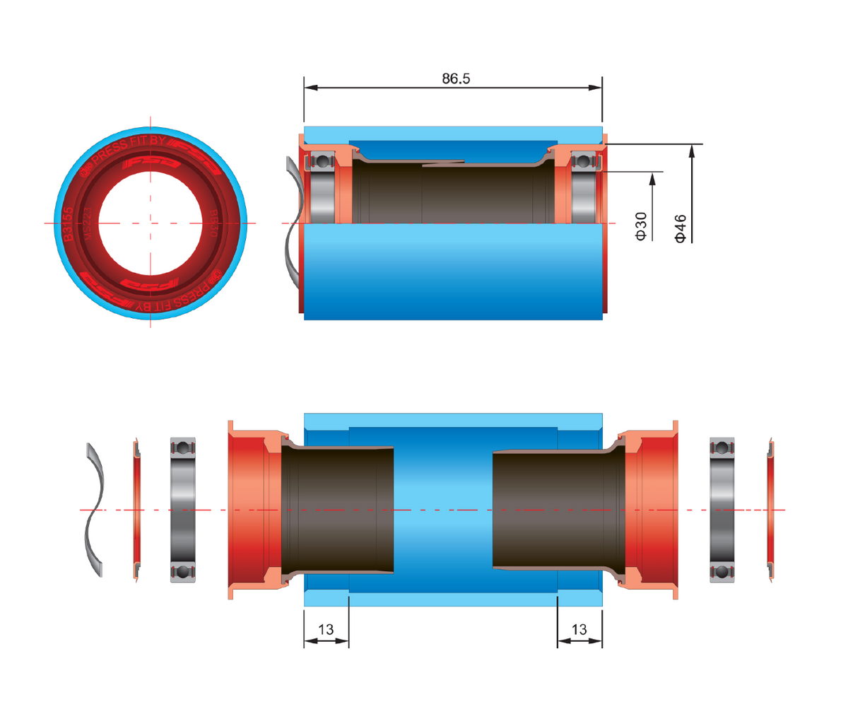 FSA PF30 BB30/BB386 Bottom Bracket 30mm Axle 68-86.5mm